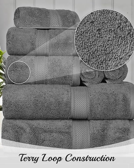 Superior Egyptian Cotton Pile 8 Piece Towel Set, Includes 2 Bath, 2 Hand, 4 Face Towels/Washcloths, Ultra Soft Luxury Towels, Thick Plush Essentials, Guest Bath, Spa, Hotel Bathroom, Charcoal