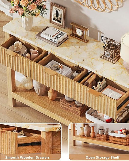 47.2" Fluted Console Table with 3 Drawers, Long Sofa Table with Storage Behind Couch, Modern Entryway Table with Power Outlet & Open Storage for Entrance/Hallway/Foyer/Living Room, Oak
