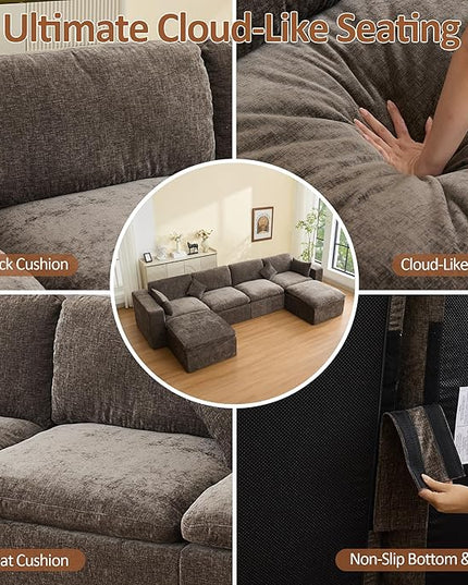 155''Cloud Boneless Sectional Couch, Modular Sectional Sofa Deep Seat with 2 Ottomans, Oversized Upholstered Convertible Comfy 6 Seater Chenille Sofa U Shape Couches for Living Room, Brown