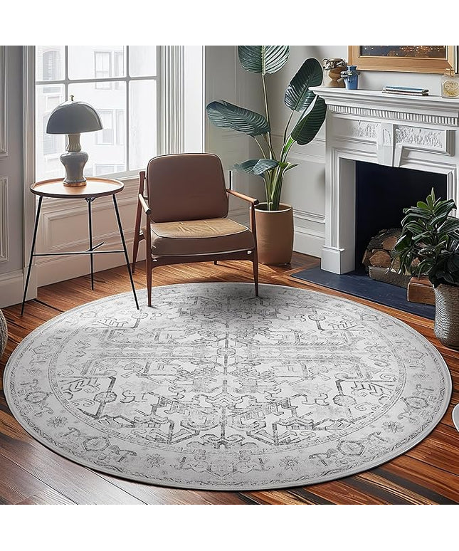 jinchan Lima Round Rug 8ft Vintage Machine Washable Area Rug Indoor Circle 8' Ultra-Thin Non-Slip Floral Print Carpet for Farmhouse Entryway Dining Room Living Room Bedroom Office (8'Round, Grey)