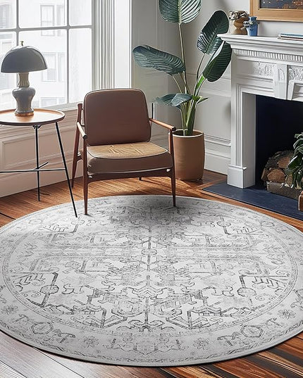jinchan Lima Round Rug 7ft Vintage Machine Washable Area Rug Indoor Circle 7' Ultra-Thin Non-Slip Floral Print Carpet for Farmhouse Entryway Dining Room Living Room Bedroom Office (7'Round, Grey)