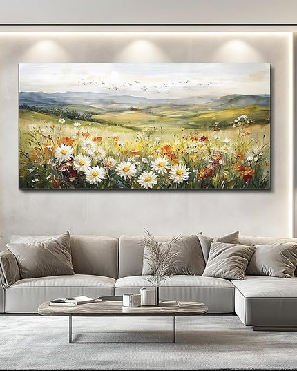 FUHAIHUA Large Framed Wall Decor For Living Room Canvas Wall Art For Office Farmhouse Wall Decorations For Bedroom Prairie Flowers Landscape Paintings Modern Pictures Artwork Home Decor 24" x 48"