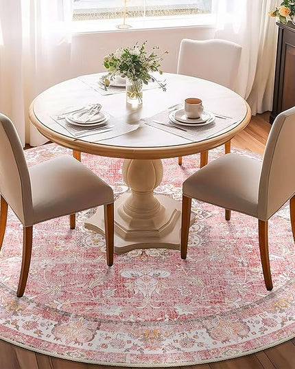 Pink Round Rug 6ft,Large Circle Area Rugs for Living Room Bedroom Dining Room,Washable Boho Vintage Bohemian Distressed Oriental Floral Carpet Non Slip,Blush Floral Flowers