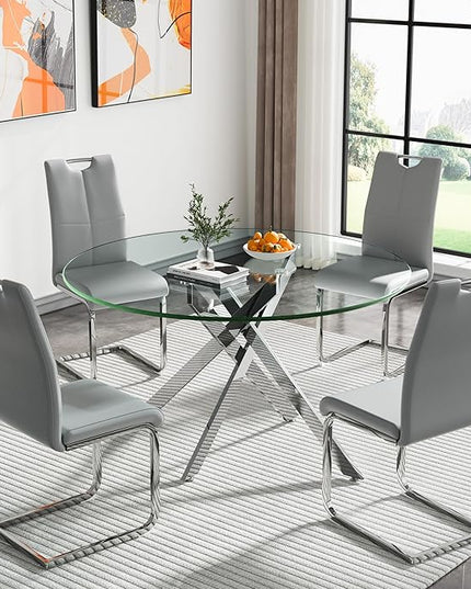 HomVent 5 Piece Round Glass Dining Table Set, Round Glass Kitchen Table Set for 4 with 4 PU Upholstered Dining Chairs for Kitchen Dining Room