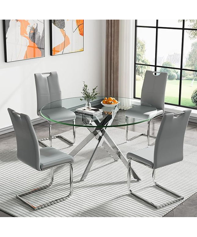 HomVent 5 Piece Round Glass Dining Table Set, Round Glass Kitchen Table Set for 4 with 4 PU Upholstered Dining Chairs for Kitchen Dining Room