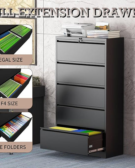 5 Drawer Lateral File Cabinet with Lock, Metal File Cabinet, Lateral File Cabinets for Home Office, Heavy Duty File Storage Cabinet for Legal/Letter/A4 Document, Assembly Required, Black