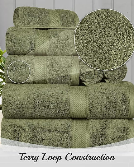 Superior Egyptian Cotton Pile 9 Piece Towel Set, Includes 3 Bath, 3 Hand, 3 Face Towels/Washcloths, Ultra Soft Luxury Towels, Thick Plush Essentials, Guest Bath, Spa, Hotel Bathroom, Forest Green