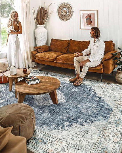 MUJOO Blue Grey Rug 8'x10' Rugs for Living Room Large Washable Area Rug Boho Rug for Bedroom Non Slip Vintage Abstract Soft Low-Pile Floral Flowers