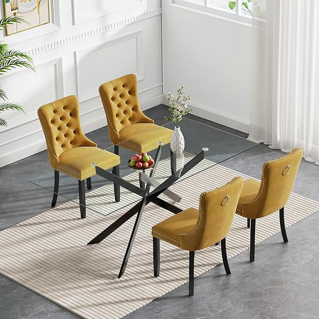 HomVent 5 Piece Rectangular Glass Dining Table Set, Tempered Glass Dinner Table Set for 4 Kitchen Table Set with 4 Velvet Upholstered Chairs for Kitchen Dining Room