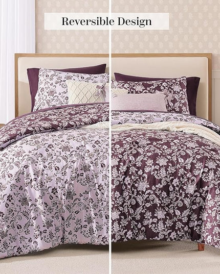 King Comforter Set -7 Pieces Floral Dark Purple Comforter Set for All Seasons, Bed in a Bag King with Botanical Flowers Comforter, Sheets, Pillowcases & Shams