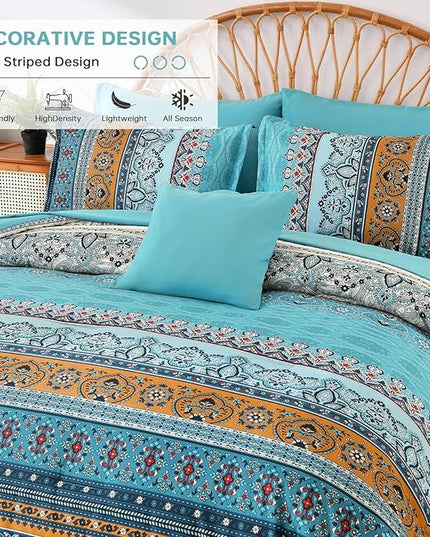 Cottolester Boho Queen Comforter Set 8 Pieces,Teal and Yellow Bohemian Comforter Paisley Striped Bed in A Bag,Soft Microfiber Bedding Set for All Season