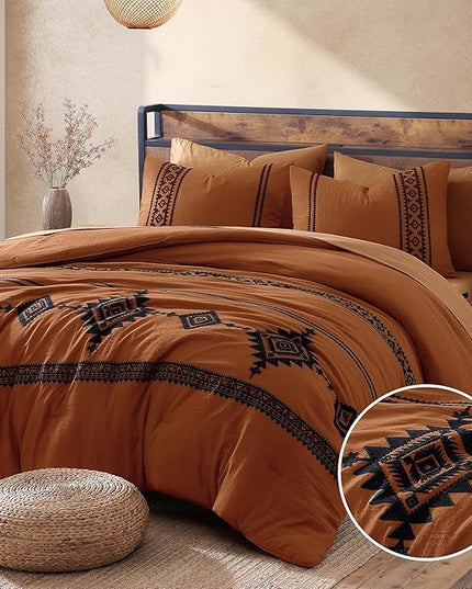 MaiRêve Embroidery Comforter Set, Boho Farmhouse Western Bedding Set, All Season Bed in A Bag Comforter Set with Sheets, Pillowcases & Shams, Burnt Orange Oversized Queen 7 Pieces