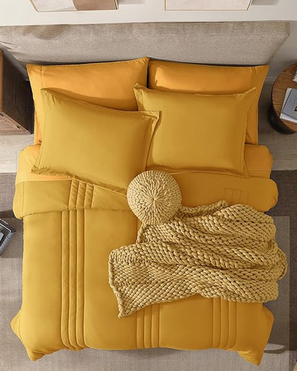 Monbix Full Comforter Set - 7 Pieces Bright Yellow Bed in a Bag Full Size Bedding Sets with Comforters, All Seasons Down Alternative Comforter with Sheets,Pillowcases & Shams