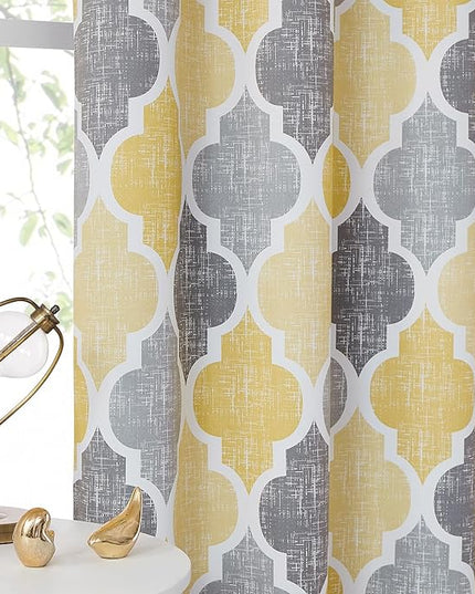 Beauoop 100% Blackout Curtains 108 Inches Long 2 Panels for Bedroom Living Room Yellow Grey Moroccan Geo Room Darkening Thermal Insulated Soundproof Grommet Top Window Treatments Drapes, 50x108x2
