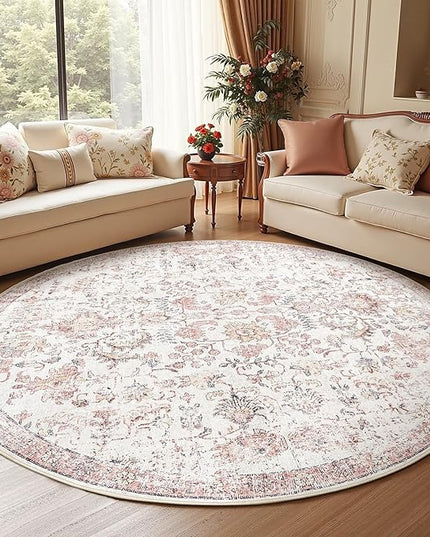 jinchan Kalen Round Rug 7ft Area Rug Washable Vintage Indoor Retro Accent Floor Cover Distressed Floral 7' Round Circle Boho Non Slip Thin Carpet for Living Room Dining Room Bedroom Kitchen Red