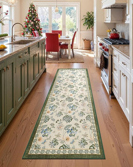 jinchan Elora 3x10 Floral Runner Rug for Hallway Washable Runner Vintage Romance Christmas Design Non Slip Thin Indoor Floor Cover Low-Profile Throw Carpet for Entryway Bathroom Porch, Green/Beige
