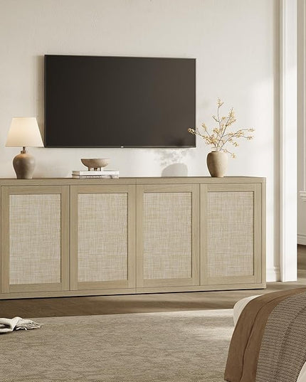 SICOTAS Rattan TV Stand for 65 70 inch TV - Large Entertainment Center TV Consoles for Living Room Bedroom, Farmhouse Television Stands with Storage Cabinet Boho Modular Media Console, Sand Oak