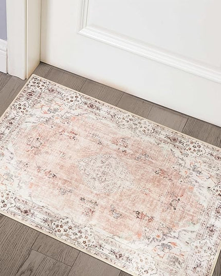 MUJOO Pink Area Rug Small Area Rugs Boho Machine Washable Rugs Non Slip for Entryway Kitchen Bathroom Bedroom Vintage Soft Low-Pile 2'x3' Flowers