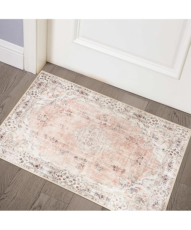 MUJOO Pink Area Rug Small Area Rugs Boho Machine Washable Rugs Non Slip for Entryway Kitchen Bathroom Bedroom Vintage Soft Low-Pile 2'x3' Flowers