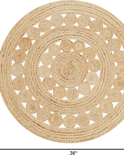 Hand Woven Jute Area Rug - 3' Round - Rustic Beige Reversible Farmhouse Rugs for Living Room, Bedroom, Kitchen - Vintage Natural Braided Entry Floor Décor Circle Boho Round Jute Rug 3ft