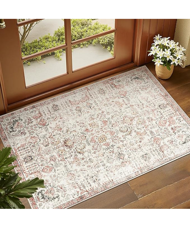 jinchan Kalen Area Rug 2x3 Washable Entryway Rug Vintage Doormat Indoor Entrance Lightweight Thin Retro Distressed Door Mat Floral Print Country Boho Non Slip Carpet for Bathroom Bedroom Red Multi