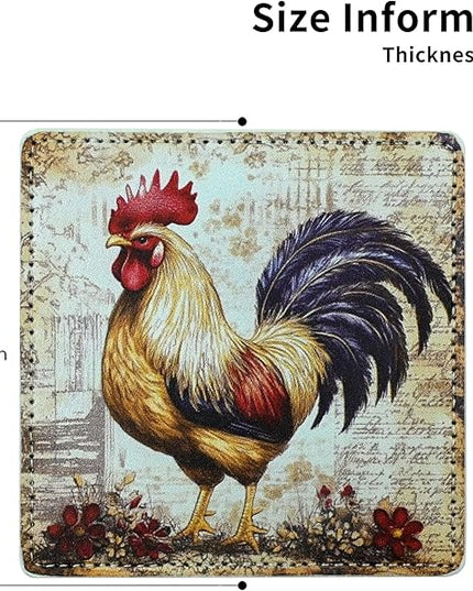 Rooster Coasters Square Leather Drinks Coaster Set with Holder for Coffee Table Bar Home Decor 4 Inches Set of 6