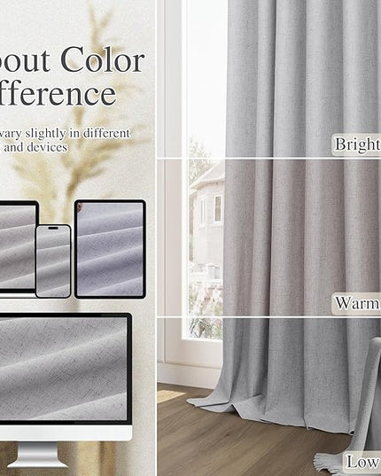 Guken Grey Linen Blackout Curtains 108 Inch Length 2 Panels Set for Living Room Bedroom Back Tab Thermal Insulated 100% Black Out Linen Drapes Room Darkening Window Curtains 108 Inches Long