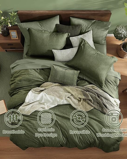 Monbix Oversized Queen Comforter Set - 7 Pieces Cationic Dyeing Olive Green Bed in a Bag Bedding Sets with Comforter, Sheets, Pillowcases & Shams, Reversible Bedding Comforters Sets