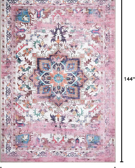 GLN Rugs Traditional Collection - Machine Washable Area Rug, Traditional Washable, Non Slip, Low Pile Chenille Rug, Living Room, Bedroom, Kitchen Rug (9'5"x12' Pink)