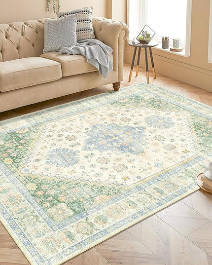 MUJOO Washable Rug 4x6.5,Boho Area Rugs for Bedroom Living Room Office Playroom,Small Non Slip Indoor Throw Carpet Low Pile Light Green and Blue