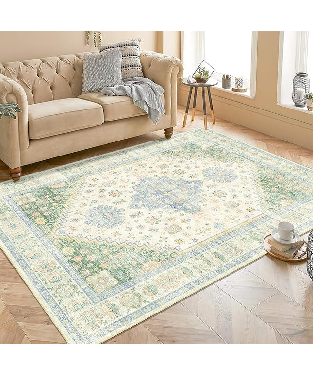 MUJOO Washable Rug 4x6.5,Boho Area Rugs for Bedroom Living Room Office Playroom,Small Non Slip Indoor Throw Carpet Low Pile Light Green and Blue