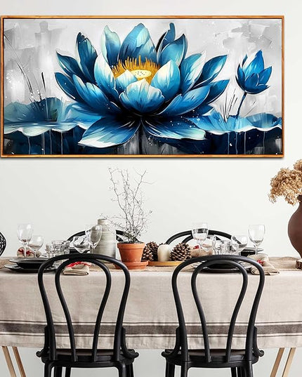Ouzzlie Large Flower Wall Decor Blue Wall Art for Living Room Gold Art Lotus Posters for Home Office 29" x 59"