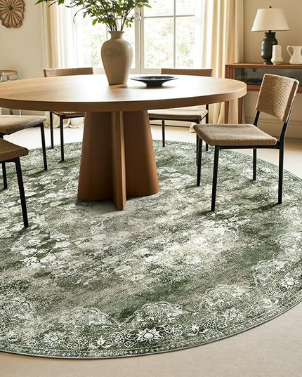 jinchan Round Rug 7ft Area Rug - Green Vintage Floor Mat Kitchen Indoor - Washable Circle 7' Thin Floral Print Christmas Carpet Retro Farmhouse Non Slip Dining Room Living Room Bedroom Office