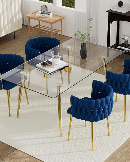 Modern Gold Glass Dining Table Set for 4, 63'' Clear Glass Top Rectangular Dinner Room Table Set, 5 PCS Large Luxury Kitchen Table Set, Navy Blue Woven Chair for Home Apartment Living Room