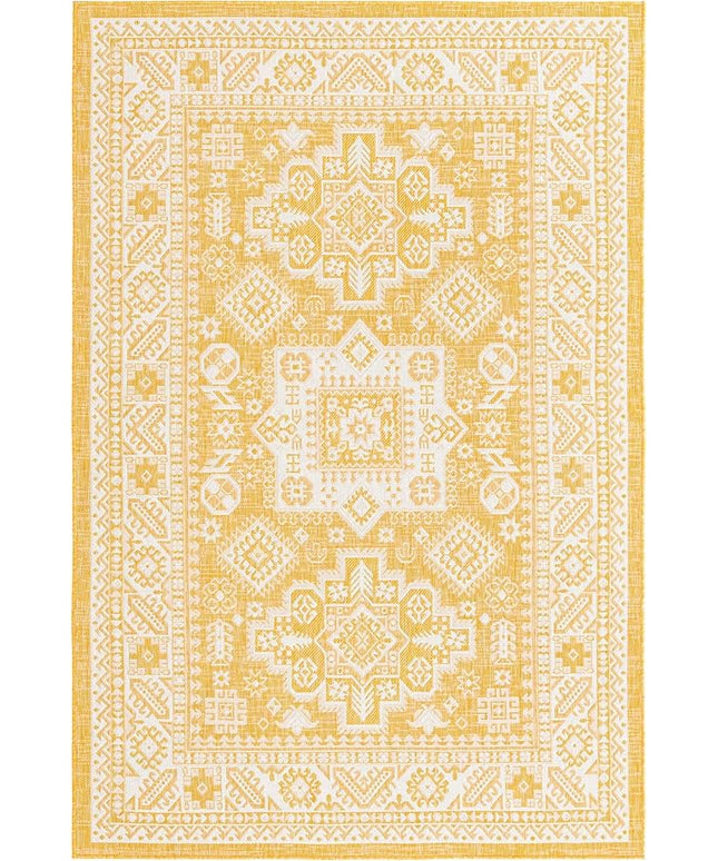 Rugs.com Outdoor Aztec Collection Rug – 6' x 9' Yellow Flatweave Rug Perfect for Living Rooms, Large Dining Rooms, Open Floorplans