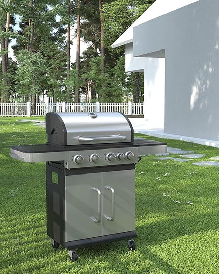 DIFY 4-Burner Propane Gas BBQ Grill with Side Burner and Porcelain-Enameled Cast Iron Grates, 46500 BTU Output Stainless Steel Grill for Outdoor Cooking Kitchen & Patio Backyard Barbecue, Silver