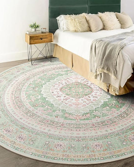Round Area Rugs 6ft Washable,Green Rug for Living Room Bedroom Dining Room,Large Boho Vintage Bohemian Distressed Oriental Carpet Non Slip,Sage Blush Floral