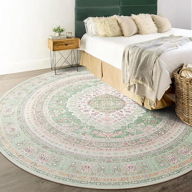 Round Area Rugs 6ft Washable,Green Rug for Living Room Bedroom Dining Room,Large Boho Vintage Bohemian Distressed Oriental Carpet Non Slip,Sage Blush Floral