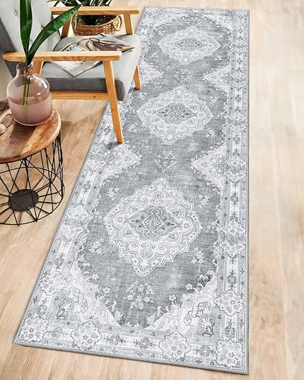 MUJOO Hallway Runner Rug 2'x8' Grey,Long Boho Rug Runners Washable Non Slip Carpet for Entryway Kitchen Bathroom Bedside,Vintage Bohemian Distressed Farmhouse Non Slip Carpet,Floral