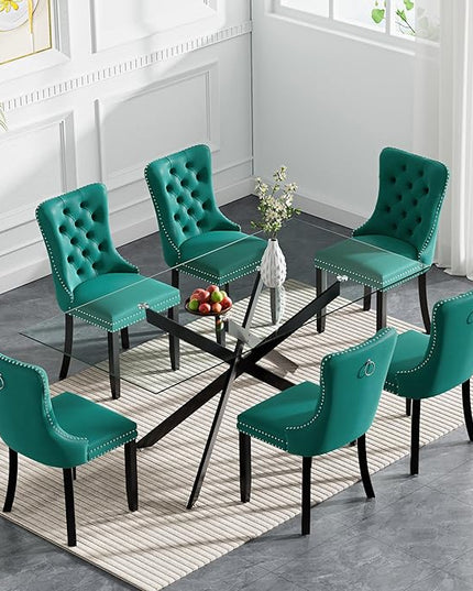 HomVent 7 Piece Rectangular Glass Dining Table Set, Tempered Glass Dinner Table Set for 6 Kitchen Table Set with 6 Velvet Upholstered Chairs for Kitchen Dining Room