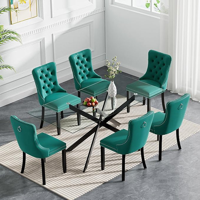 HomVent 7 Piece Rectangular Glass Dining Table Set, Tempered Glass Dinner Table Set for 6 Kitchen Table Set with 6 Velvet Upholstered Chairs for Kitchen Dining Room