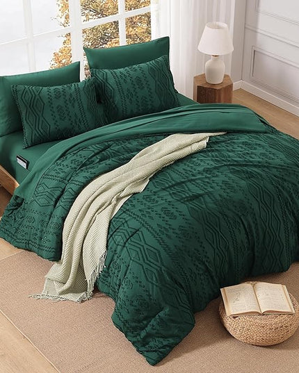 King Size Comforter Set Emerald Green, Tufted Boho Bedding Farmhouse Dark Green Bed Set, All Season 7 Pieces Bed in a Bag with Sheets, Pillowcases & Shams