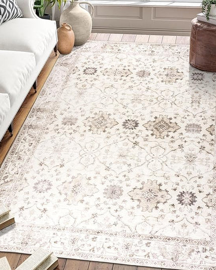 ReaLife Rugs Machine Washable Area Rug - Living Room Bedroom Bathroom Kitchen Entryway Office - Padded Low Pile Stain Resistant Premium - Boho Farmhouse Vintage - BEV - Beige 5' x 7'