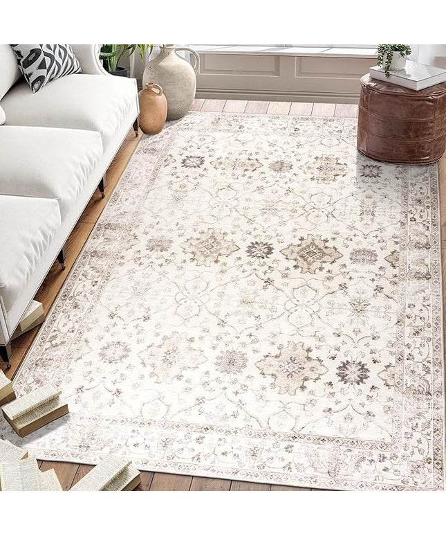 ReaLife Rugs Machine Washable Area Rug - Living Room Bedroom Bathroom Kitchen Entryway Office - Padded Low Pile Stain Resistant Premium - Boho Farmhouse Vintage - BEV - Beige 7'6" x 9'6"