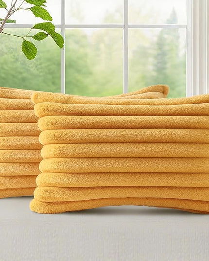 decorUhome Faux Fur Spring Throw Pillow Covers 12x20 Set of 2, Decorative Soft Plush Striped Neutral Couch Euro Pillow Covers with Velvet Back for Sofa, Bed, Living Room Home Decor, Mustard Yellow