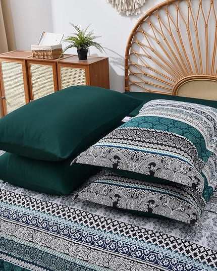 Cottolester Boho Comforter Set King Size,8 Pieces Emerald Green Bohemian Striped Bed in a Bag,Paisley Soft Microfiber Bedding Comforter Set