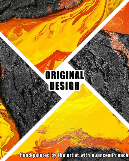 GUGIKA Large Abstract Wall Art for Living Room, Hand Painted 3D Textured Magma Paintings, Black and Gold Yellow Volcanic Lava Canvas Wall-Decor for Bedroom, Size 72x36 Inches