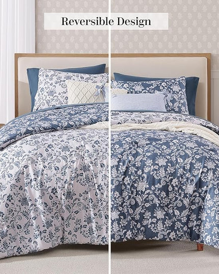 Queen Comforter Set -7 Pieces Floral Oxford Blue Comforter Set for All Seasons, Bed in a Bag Queen with Botanical Flowers Comforter, Sheets, Pillowcases & Shams