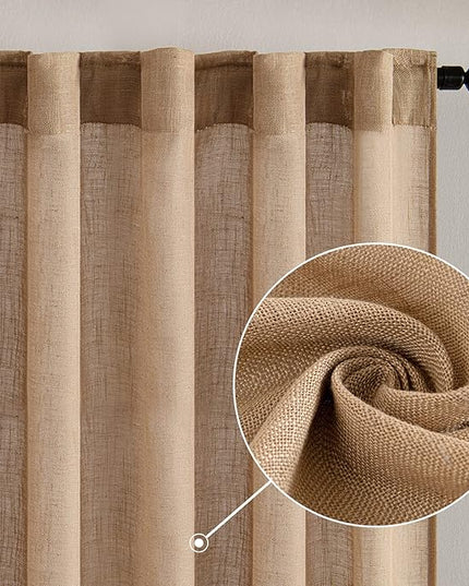 MIULEE Brown Linen Curtains 90 Inches Long for Bedroom Living Room, Soft Thick Linen Textured Window Drapes Semi Sheer Light Filtering Back Tab Rod Pocket Burlap Look Farmhouse Decor, 2 Panels Set