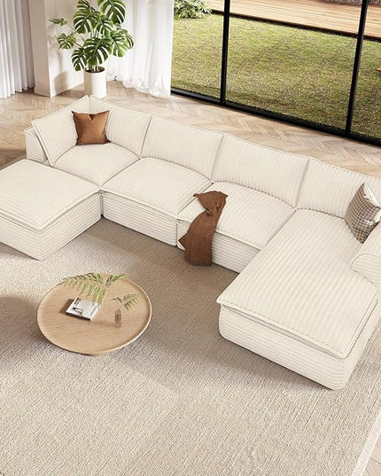 Vesgantti 141.7" U Shaped Sectional Boneless Couch, Modern 6 Seater Modular Sofa with Chaise & Ottoman, Deep Seat Plush Corduroy Cloud Couches for Living Room, No Assembly Required, Beige